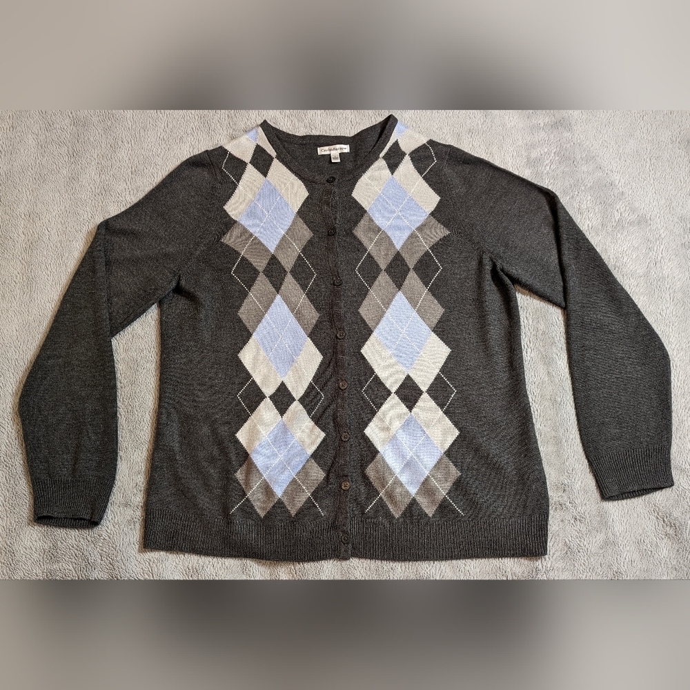 Crofts & Barrow Argyle Knit Cardigan, Grey and Blue, Size L